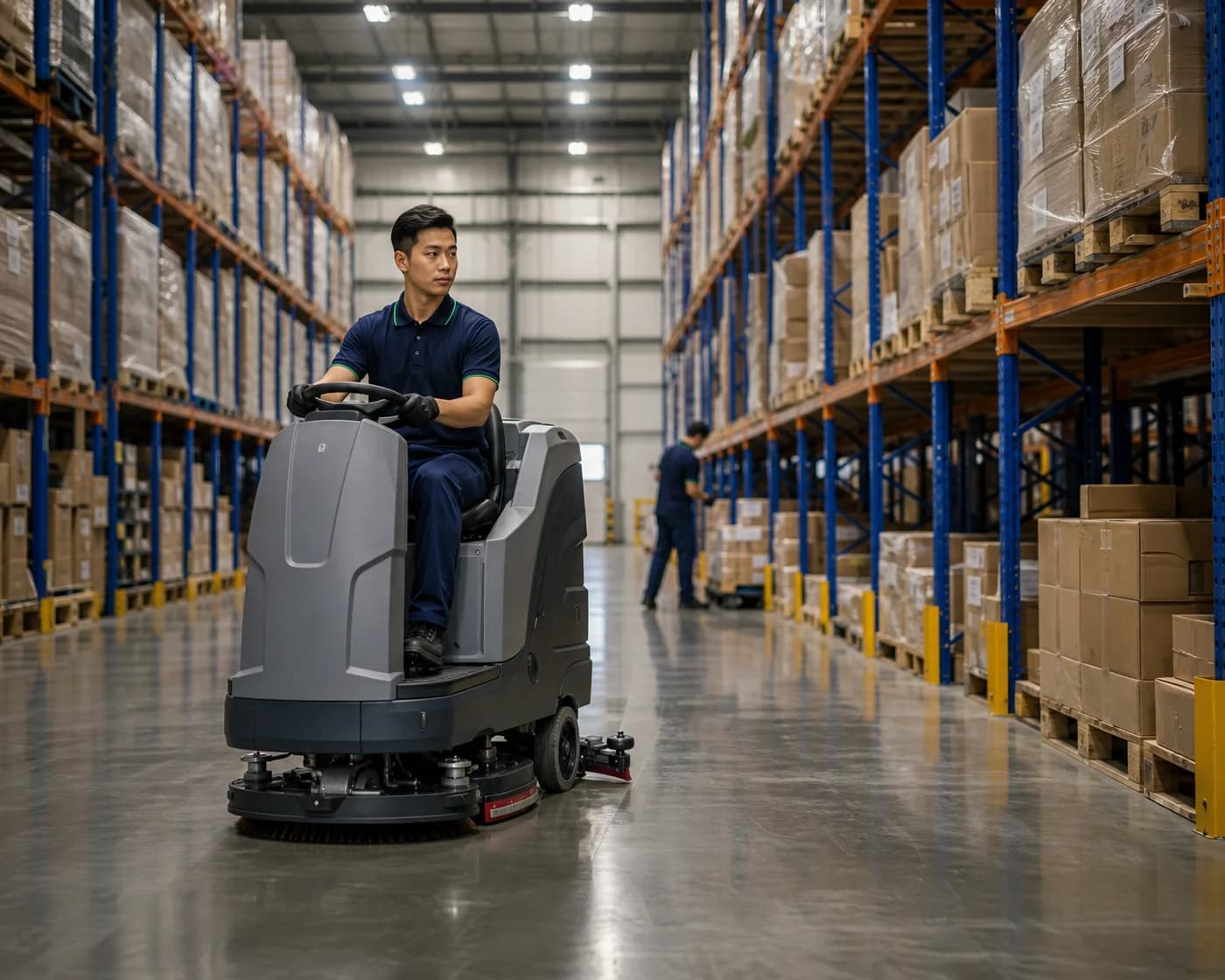 Industrial warehouse floor scrubber cleaning aisle — ANZ Cleaning Services Sydney